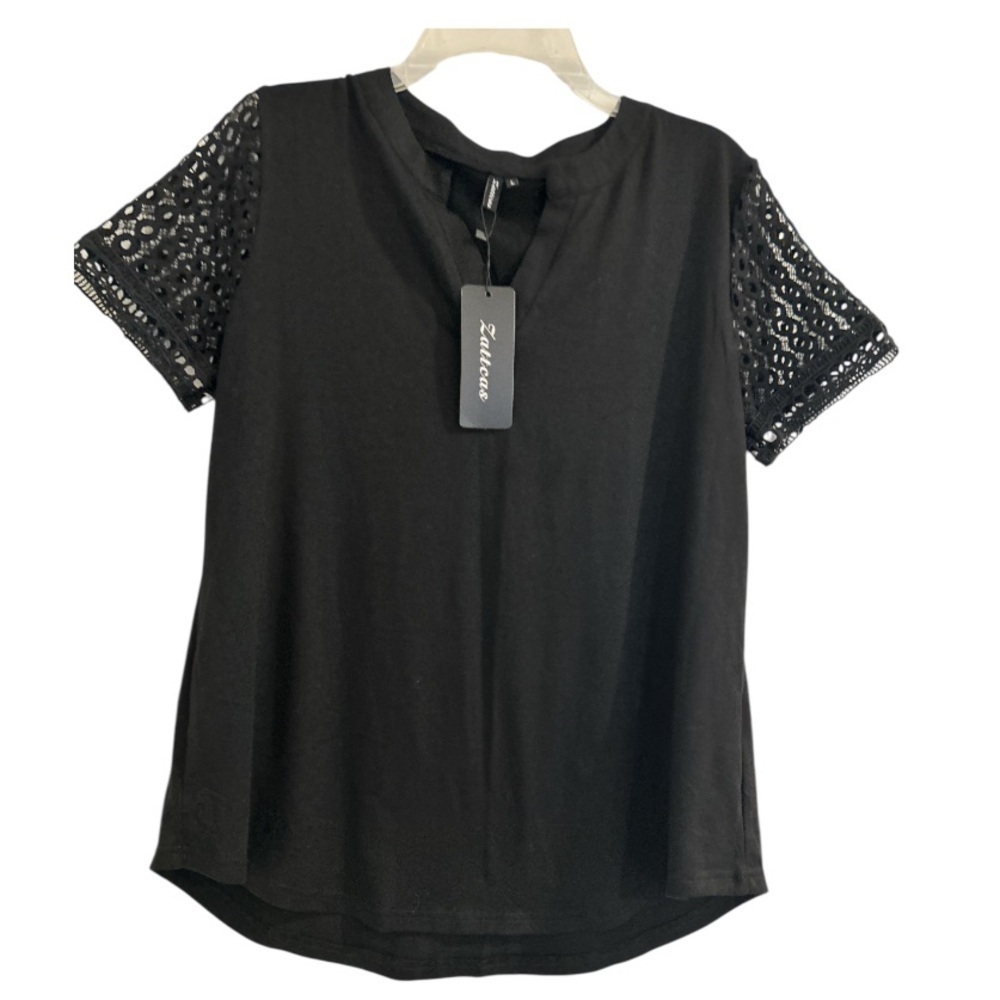 Zattcas Short Crochet Lace Sleeve  - Notched V-Neck Top Black Size L